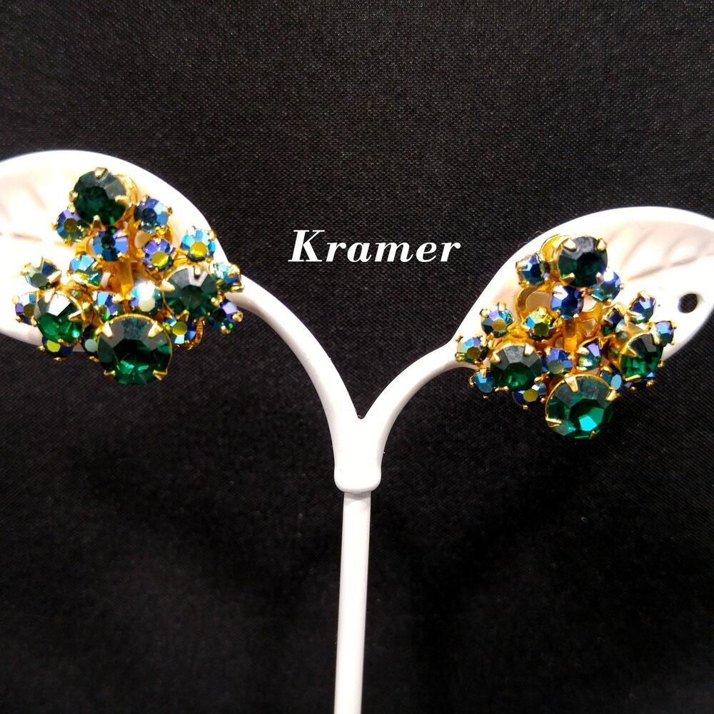 Vintage Blue Green AB Rhinestone Clip Earrings, Gold Plated, Signed KRAMER